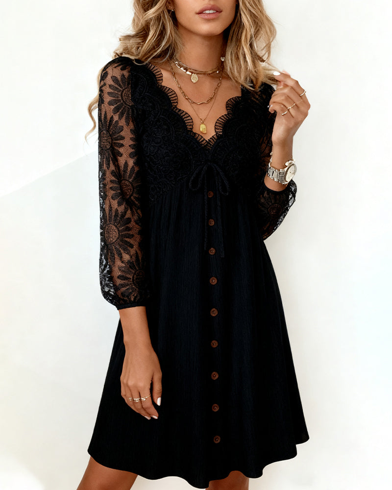 Sunflower Lace Dress Long Sleeves V-Neck